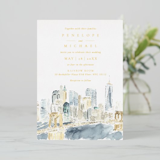 Goudfolie Waterverf New York City Bruiloft Folie Uitnodiging (Staand Voorkant)
