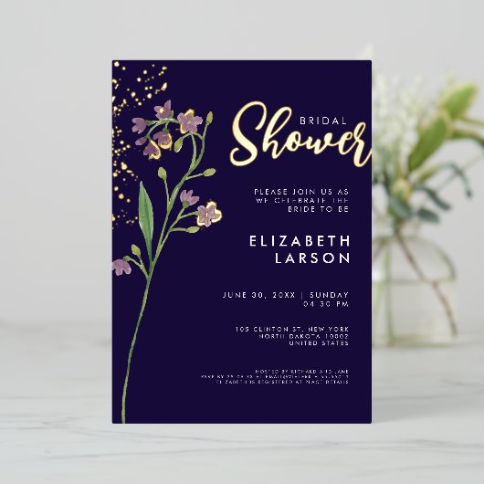 Goudfolie Waterverf Wildflower Vrijgezellenfeest Folie Uitnodiging (Staand Voorkant)