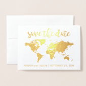 Goudfolie wereldkaart save the date kaart (Voorkant met envelop)