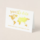 Goudfolie wereldkaart save the date kaart (Voorkant)