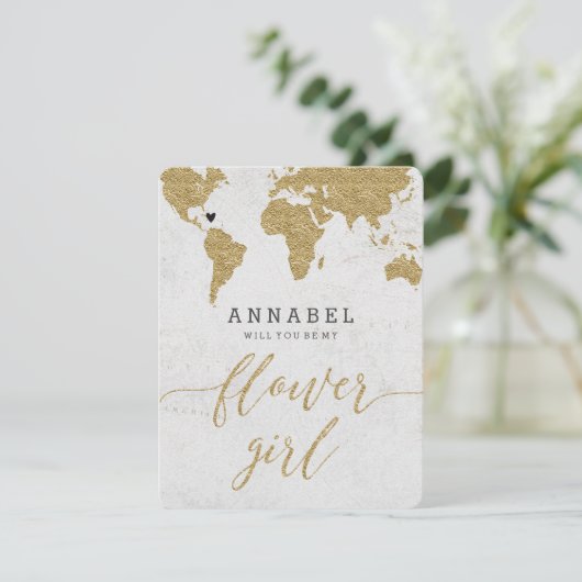 Goudfolie Wereldkaart wordt mijn Bloemenmeisje Kaart (Staand voorkant)