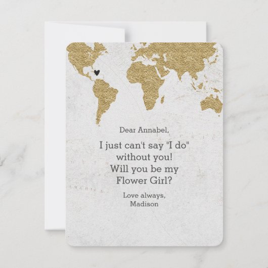 Goudfolie Wereldkaart wordt mijn Bloemenmeisje Kaart (Achterkant)