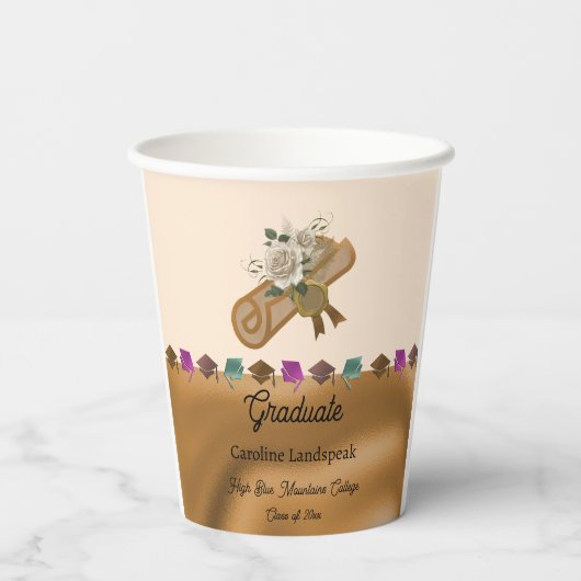 Goudfolie, Witte Engelse Rozen Afstuderen 2025 Papieren Bekers (Achterkant)