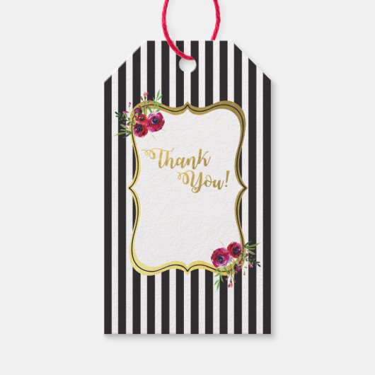 Goudfolie zwart met witte streep roos florale labe cadeaulabel (Voorkant)