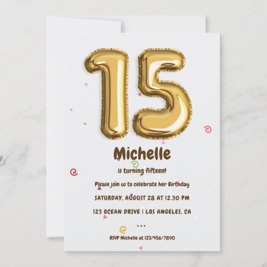 Goudfolieballon en Confetti 15e verjaardagsfeestje Kaart (Voorkant)