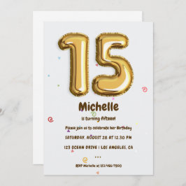Goudfolieballon en Confetti 15e verjaardagsfeestje Kaart