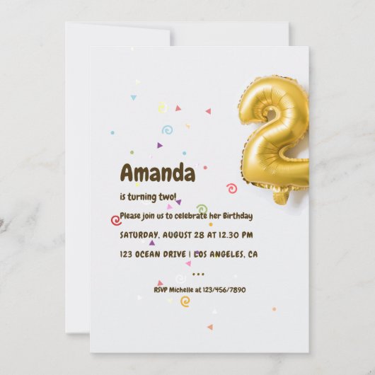 Goudfolieballon en Confetti 2e Verjaardag Kaart (Voorkant)
