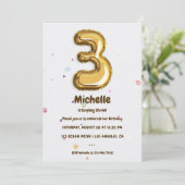 Goudfolieballon en Confetti 3e verjaardagsfeestje Kaart (Staand voorkant)