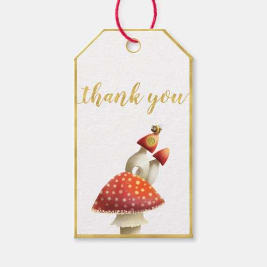 Goudfoliegrens, champignons & bijen, baby shower cadeaulabel (Voorkant)