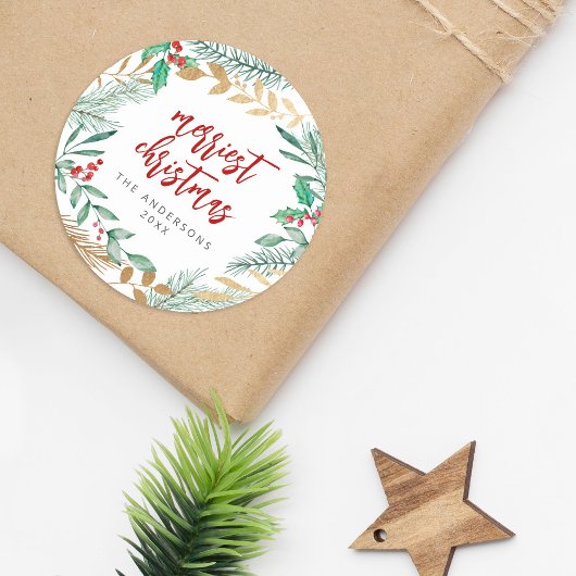 Goudfolietakken Waterverf Kerstkrans Ronde Sticker