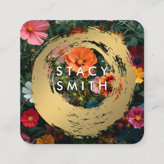 goudgeborsteld | Kleurrijke bloemen Vierkante Visitekaartje (Voorkant)