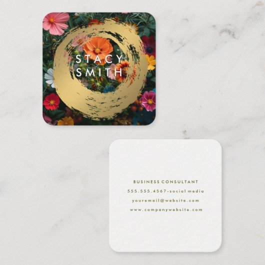 goudgeborsteld | Kleurrijke bloemen Vierkante Visitekaartje (Voorkant / Achterkant)