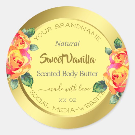 Goudgeel Elegant Floral Rozen Spring Cirkel Ronde Sticker (Voorkant)