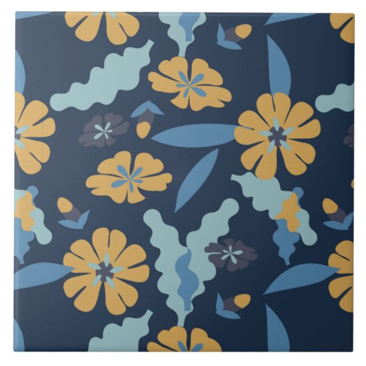 Goudgeel en blauw bloemmotief tegeltje (Voorkant)