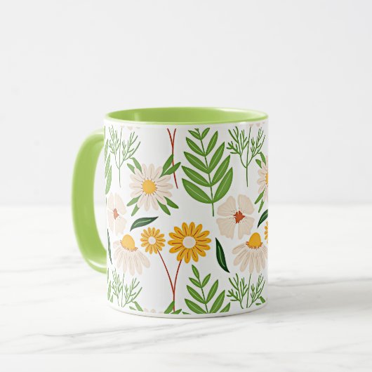 Goudgeel en ivoorwit bloemmotief mok (Voorkant links)