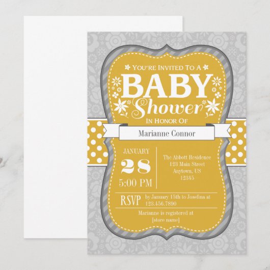 Goudgeel Grijs Bloemen Baby shower Uitnodigen Kaart (Voorkant / Achterkant)
