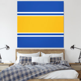 Goudgeel wit racestrepen op helderblauw canvas afdruk