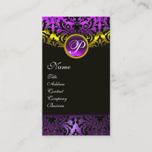GOUDGEEL ZWART PAARSE AMETHIST DAMASK MONOGRAM VISITEKAARTJE