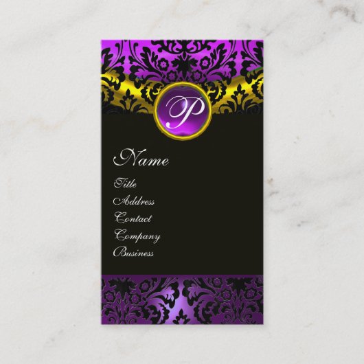 GOUDGEEL ZWART PAARSE AMETHIST DAMASK MONOGRAM VISITEKAARTJE (Voorkant)
