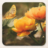 Goudgele bloemen en vlinder kartonnen onderzetters (Voorkant)