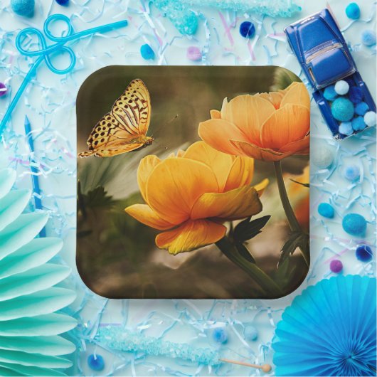 Goudgele bloemen en vlinder papieren bordje (Feest)