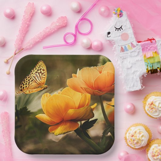 Goudgele bloemen en vlinder papieren bordje (Feest)