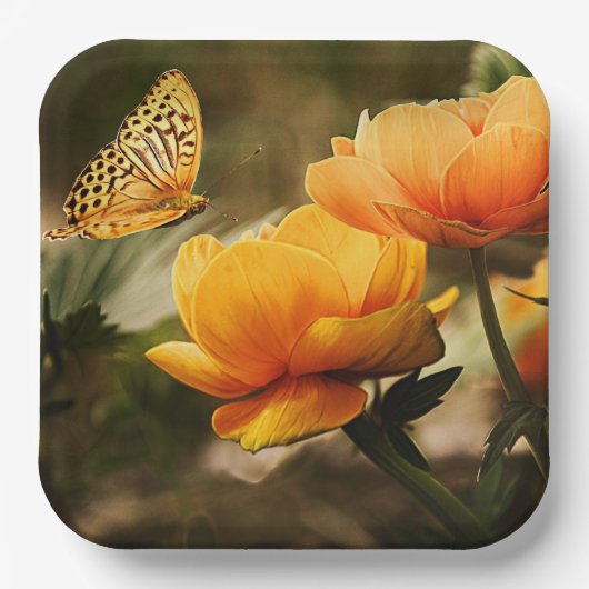 Goudgele bloemen en vlinder papieren bordje (Voorkant)