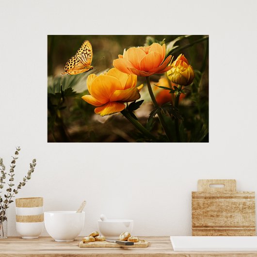 Goudgele bloemen en vlinder poster (Keuken)