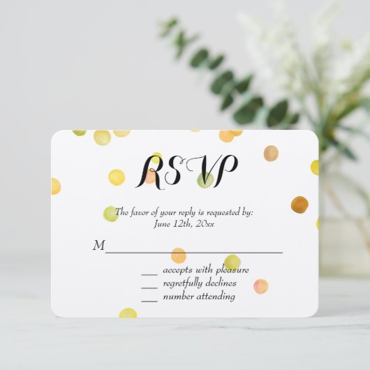Goudgele Confetti Stippen RSVP (Staand voorkant)