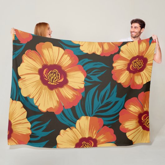 Goudgele en rode bloemen met Blauwgroen bladeren Fleece Deken (In situ)