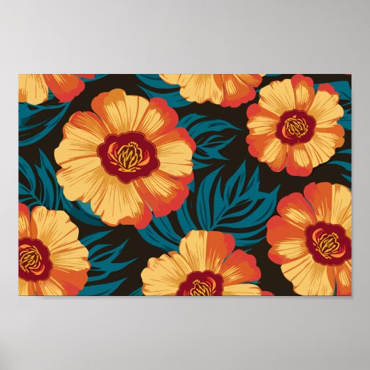 Goudgele en rode bloemen met Blauwgroen bladeren Poster (Voorkant)