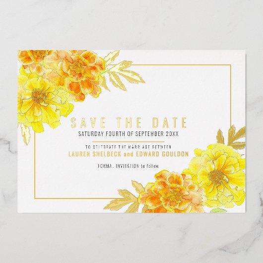 Goudgele goudsbloem waterverf bewaar de datum folie uitnodiging (Voorkant)