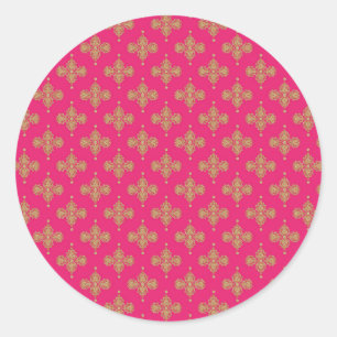 goudgele roze magenta patroonachtergrond ronde sticker