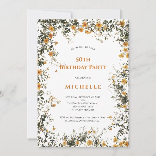 Goudgele Waterverf Bloemgroen 50e Verjaardag Kaart (Voorkant)