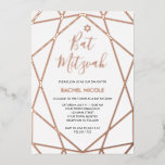 Goudgeometrisch wit en Roos | Bat Mitzvah Folie Uitnodiging<br><div class="desc">Deze stijlvolle Bat Mitzvah-uitnodigingen zijn voorzien van een roos gouden folie die er op een witte achtergrond een geometrisch patroon uitziet,  met moderne zwarte typografie.</div>