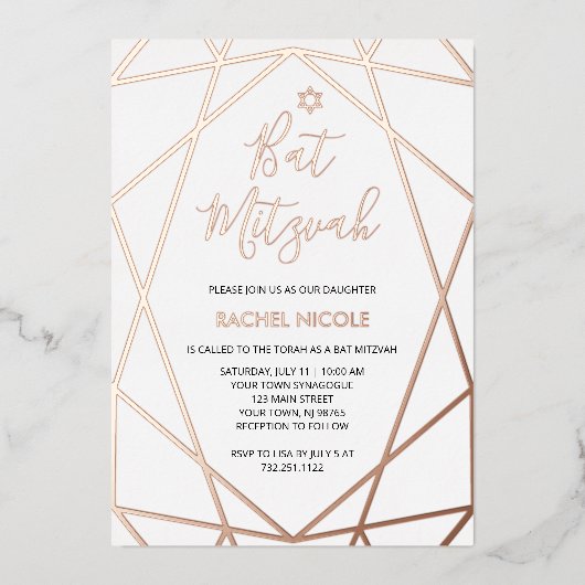 Goudgeometrisch wit en Roos | Bat Mitzvah Folie Uitnodiging (Voorkant)
