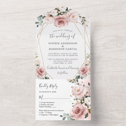 goudgeometrische en mosterdroze Roos All In One Uitnodiging (Binnen)