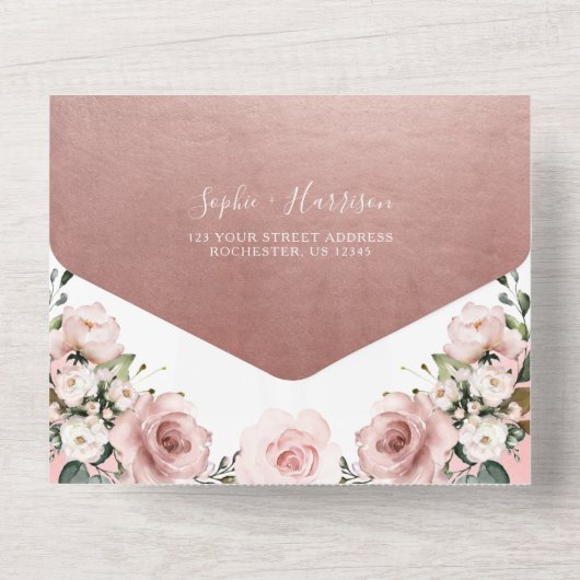 goudgeometrische en mosterdroze Roos All In One Uitnodiging (Achterkant)