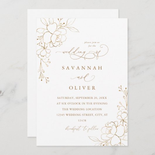 Goudgevoerde Bloemen Wit & Gouden Bruiloft - Ontbi (Voorkant / Achterkant)