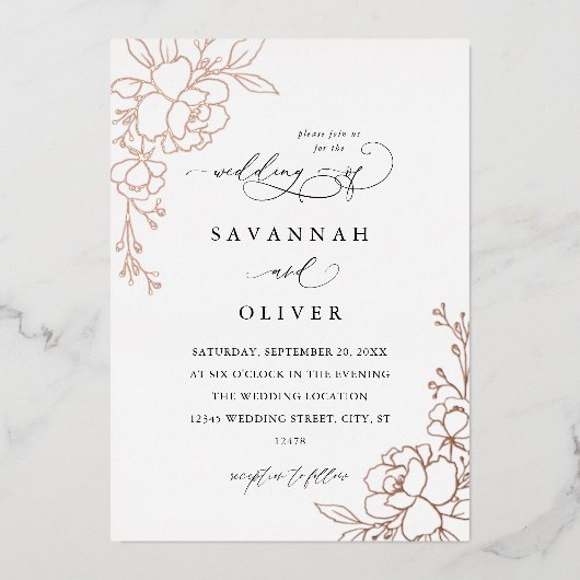 Goudgevoerde bloemenwit, zwart & Folie bruiloft Uitnodiging (Voorkant)