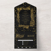 Goudglitter-dennenaaltje, confetti zwarte bruiloft all in one uitnodiging (Binnen)