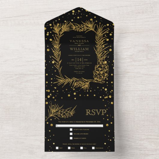 Goudglitter-dennenaaltje, confetti zwarte bruiloft all in one uitnodiging (Binnen)