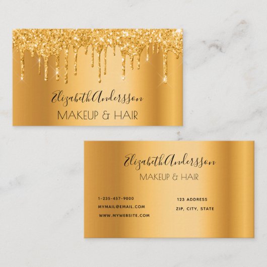 Goudglitter druppelt metaalachtig make-uphaar in visitekaartje (Voorkant / Achterkant)