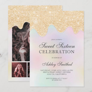 Goudglitter druppelt op zestien peerpels kaart