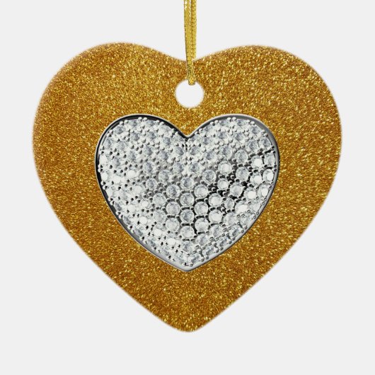 Goudglitter-dun hart keramisch ornament (Voorkant)