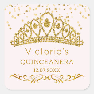 Goudglitter effect tiara, confetti Quinceanera Vierkante Sticker