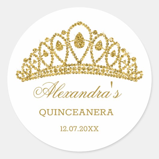 Goudglitter-effect tiara Quinceanera Ronde Sticker (Voorkant)