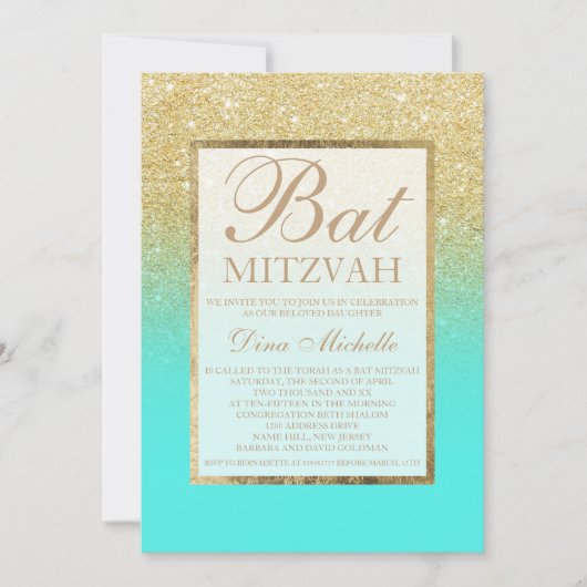 Goudglitter elegant aqua blauwgroen chic Bat Mitzv Kaart (Voorkant)