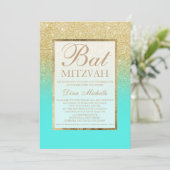Goudglitter elegant aqua blauwgroen chic Bat Mitzv Kaart (Staand voorkant)