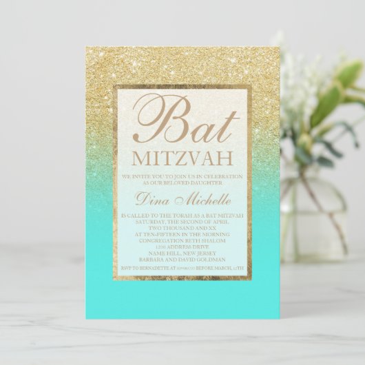 Goudglitter elegant aqua blauwgroen chic Bat Mitzv Kaart (Staand voorkant)